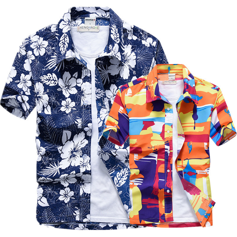 Summer half sleeve shirt men's loose Beach flower shirt Hawaiian seaside vacation short sleeve top clothes fashion