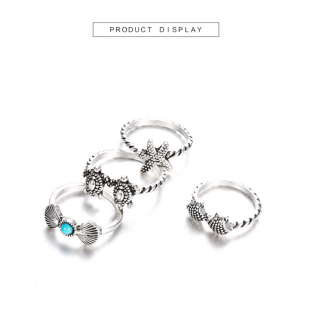 December Birthstone Turquoise Inlay Material Beach Tortoise Starfish Shell Alloy Inlay Turquoise Women's Rings