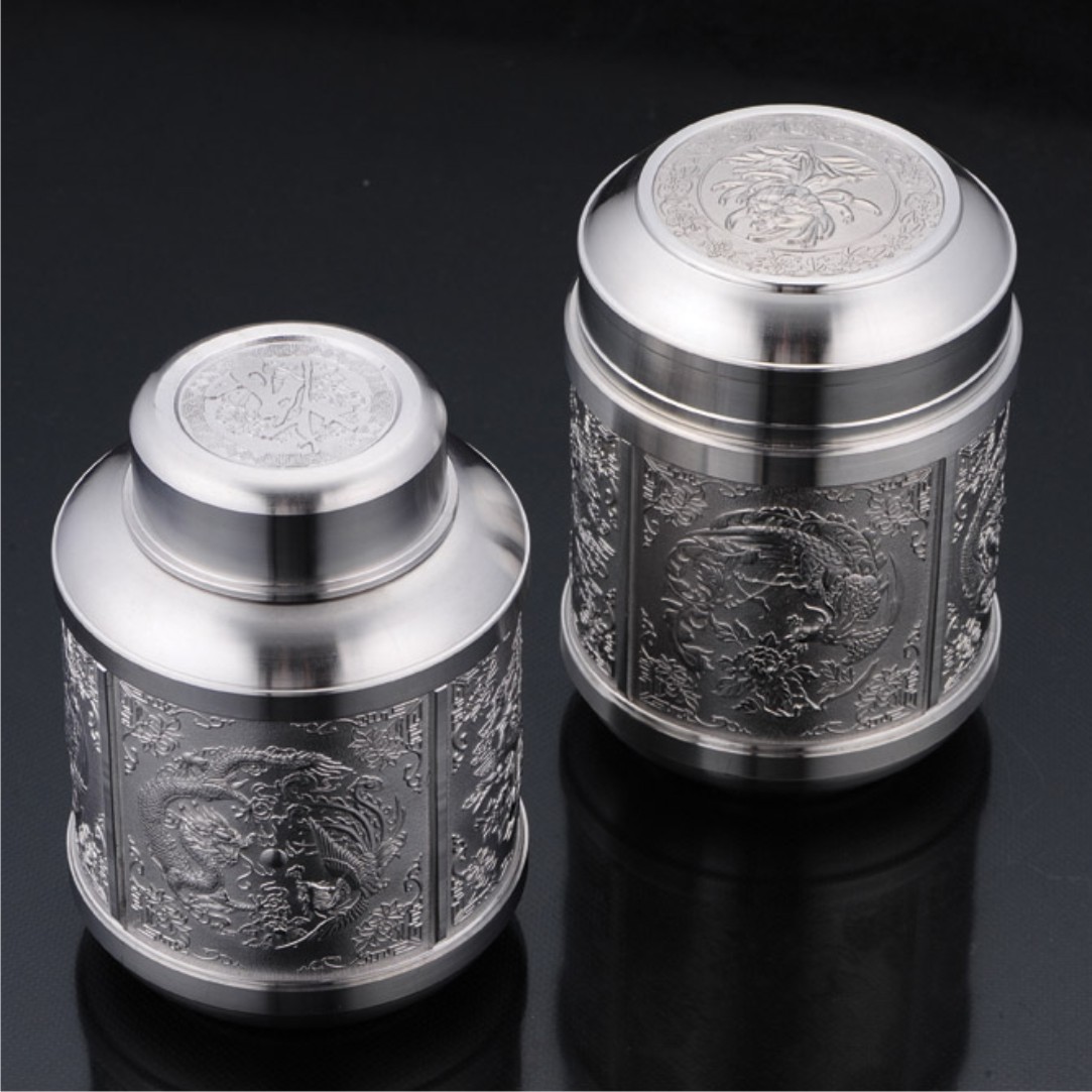 荣盛达 供应纯锡茶叶罐 中号龙凤浮雕西湖四景锡茶叶罐  锡罐