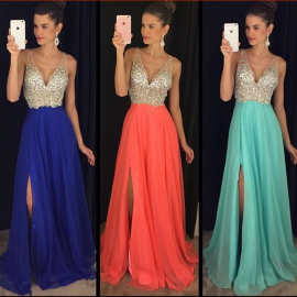 欧美春秋外贸新款连衣裙wish速卖通ebay爆款亮片深V礼服长裙女装