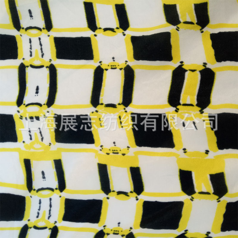 上海展志铜氨人丝黄黑条格不规则图案印花女装面料无现货需定制|ru