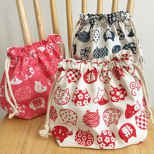 Japanese style bento bag lunch box bag breakfast bag cotton and linen drawstring bag storage bag cloth bag double thickened large capacity