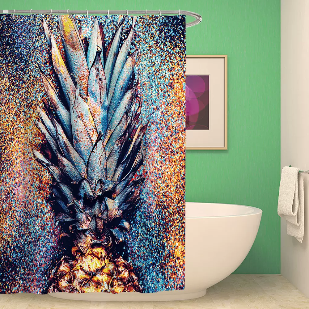 2021新款特制跨境水彩菠萝系列印花涤纶印花防水防霉浴帘浴帐厂家