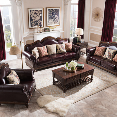 American style furniture factory American style solid wood Leather sofa European style First layer of skin solid wood Sofa Set Living room sofa