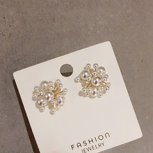 法式優雅冬季新款大小珍珠串花朵個性氣質淑女耳環銀針耳環耳飾女