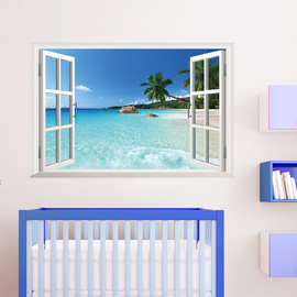 ZY1430海景3D假窗户客厅卧室背景墙贴纸外贸新款沙滩墙贴可移