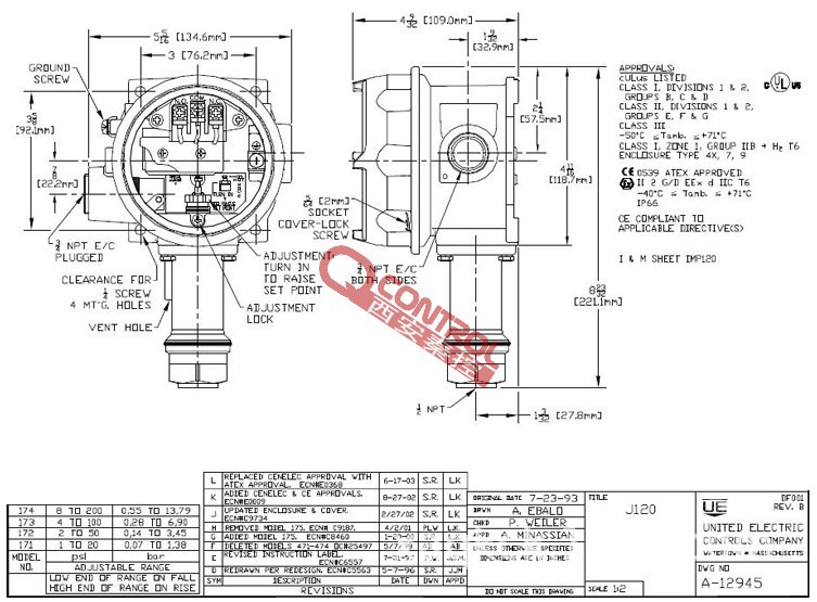 UE开关尺寸图【J120-174】防爆UE防爆压力开关原装进口