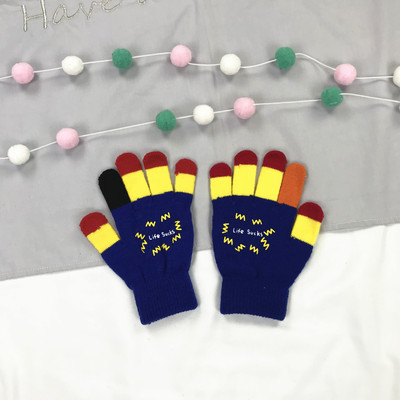 日系原宿童趣卡通手指表情LIFE SUCKS拼色毛线针织手套女一件代发|ms