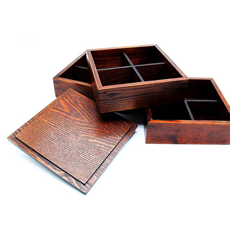 三层木制饭盒 日式便当盒 实木框架 快餐盒 儿童寿司 储物盒