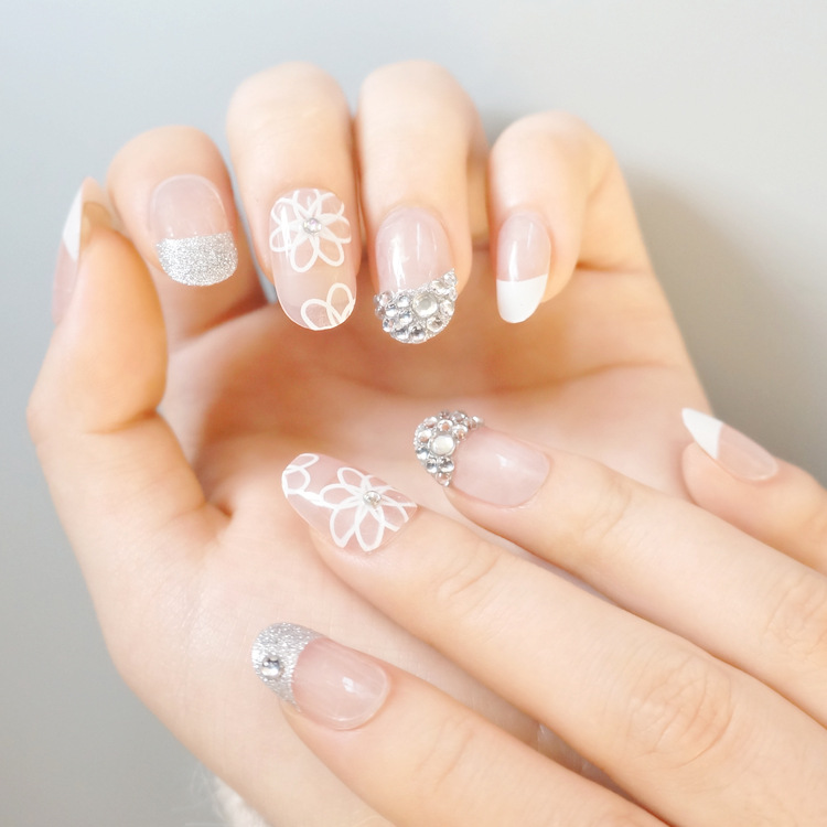 新款3D时尚镶钻新娘甲24片套装假指甲片美甲片背胶贴定做详情图4