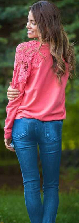 Lace Panel Womens Sweatshirt Round Neck Casual Style Available in 5 Colors Wholesale Supply