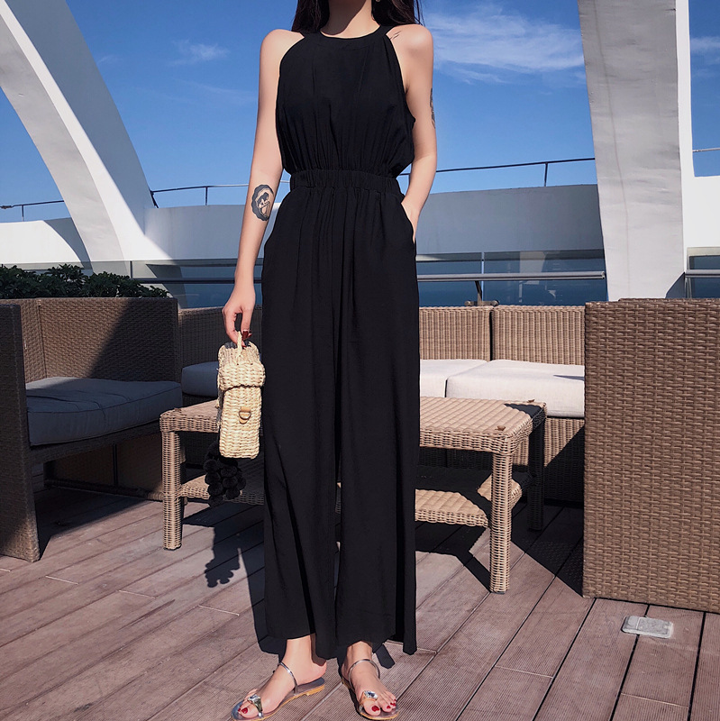 2018夏新款纯色高腰显瘦挂脖无袖连体裤