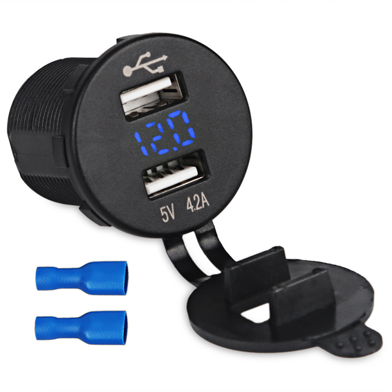 12V-24V汽车改装l  2合1圆形双USB和电压表母座（蓝灯）