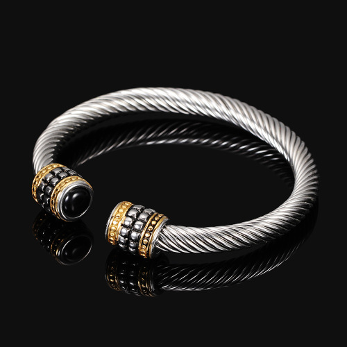 European and American vintage titanium steel twisted wire gold two-color bracelet stainless steel cable wire bracelet set with semi-precious stones