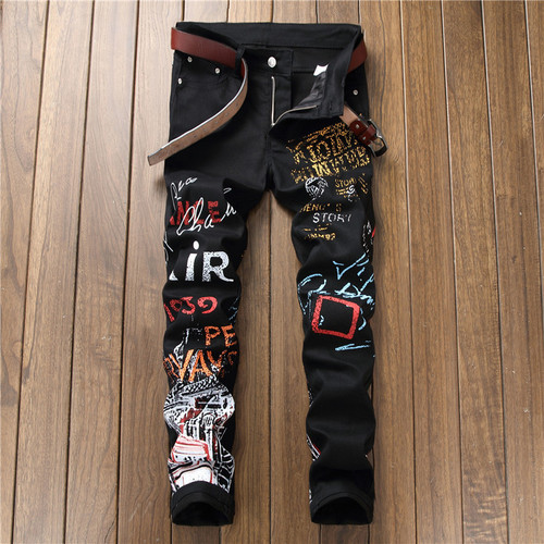 Men's Elastic Leisure Pants, Print Straight Leg Jeans, Street Fashion, Bulk Starting at 5601