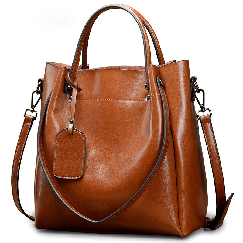 2021 new women's bag leather shoulder diagonal bag ladies portable big package of wax leather Korean casual handbag