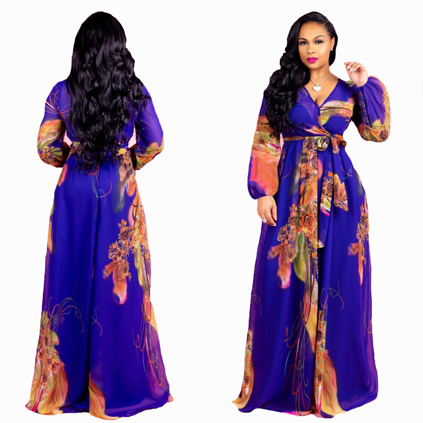 plus size long-sleeved v-neck digital print big swing chiffon dress nihaostyles wholesale clothing NSBMF91105