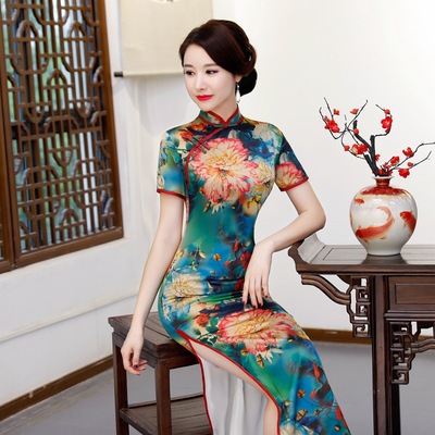 Chinese Dress Qipao for women Recruitment agent retro large size long printed real cheongsam ress with large size Robes chinoises