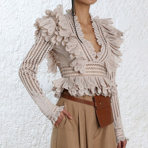 New ZIM Hollow V-neck Lotus Leaf Edge Fold Temperament Top 