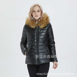 欧美仿皮草女装 PU皮棉服貉子毛领拉链甩帽外套 秋冬保暖棉衣现货