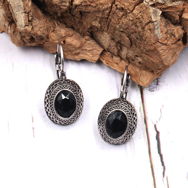 少数民族风少数流行饰品波西米亚几何圆形镶黑色宝石合金耳夹耳环