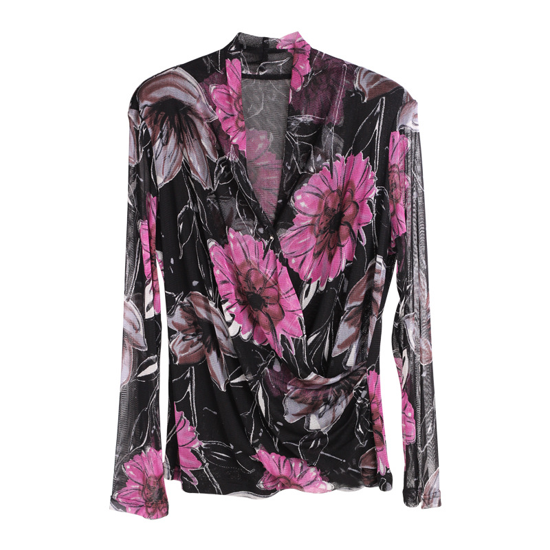Womens Slim Fit V Neck Silk T Shirt 100 Mulberry Silk Double Layer Printed Design Perfect for Autumn Wholesale
