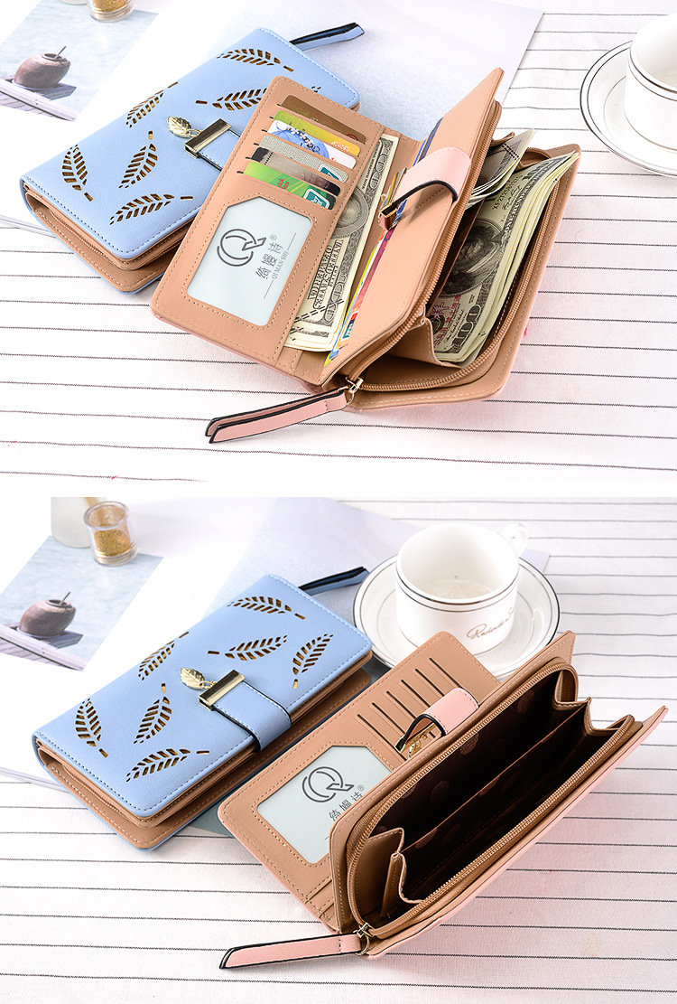 Fashion Style Square Shape Women's Leaves Solid Color Pu Leather Hollow Zipper Buckle Wallets
