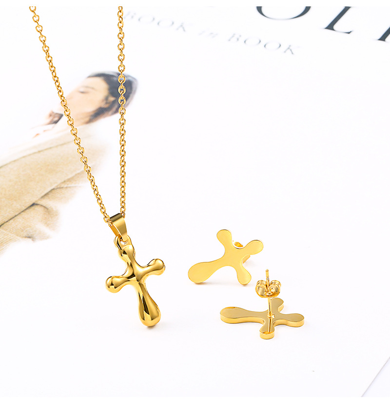 Fashion Cross Titanium Steel Polishing Gold Plated Earrings Necklace 1 Set