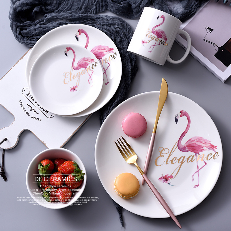 Factory Direct Supply Creative Nordic Flamingo Ceramic Western Plate Mug Household Bowl Bronzing English Series Tableware