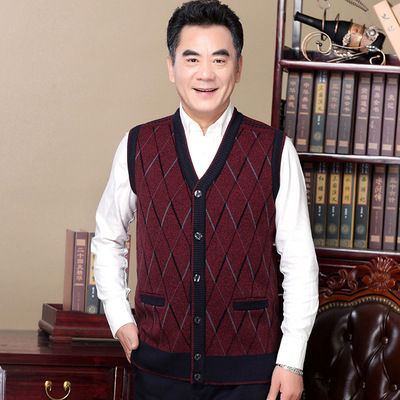 中老年男春秋装针织开衫无袖坎肩 爸爸装保暖针织衫马甲 一件代发