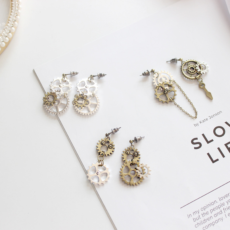 Lavieen饰品摆摊货源复古齿轮链条个性不对拆潮人长款耳钉女3371|ru