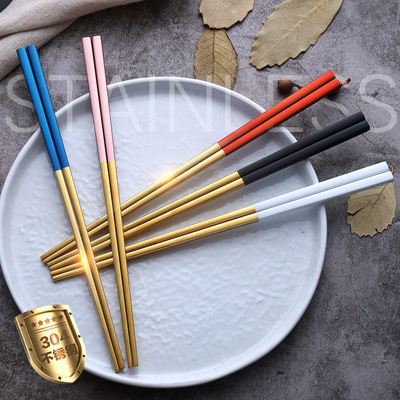 304 Stainless steel chopsticks square Chopsticks 5 suit Gold color personality gift chopsticks LOGO customized