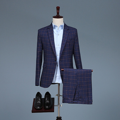 Men's youth blue singers host photos shooting plaid Suits Business Casual British Plaid dress blazers Slim Fit Suits Men's groomsmen performance outfits