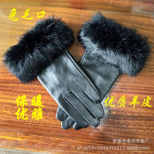 冬季女士羊皮手套兔毛口加絨保暖時尚加厚觸摸屏韓版手套