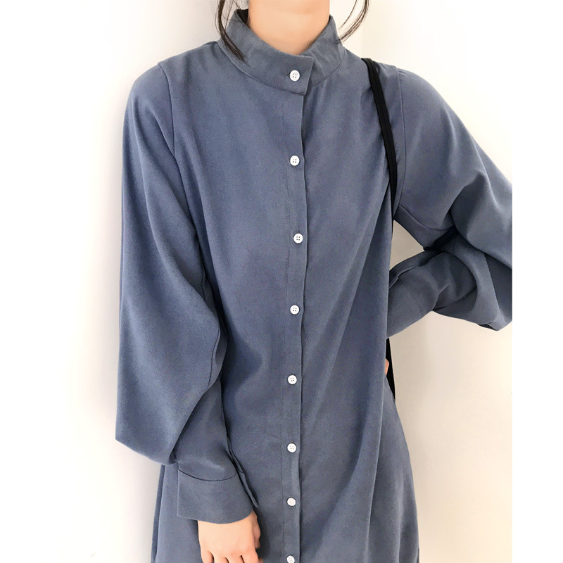 9106 Dropshipping 2025 Stand Collar Lantern Sleeve Mid-Length Elegant Long-Sleeved Pure Color Shirt Women's Shirt Skirt 9106 Dropshipping 2025 Stand Collar Lantern Sleeve Mid-Length Elegant Long-Sleeved Pure Color Shirt Women's Shirt Skirt