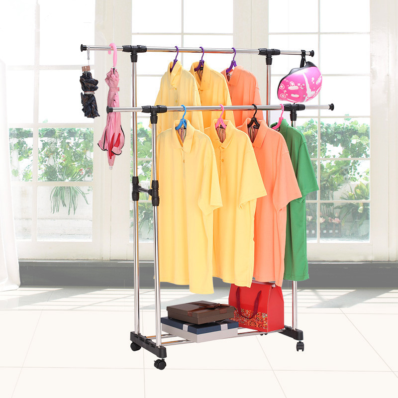 不鏽鋼晾衣架落地雙杆室內外陽台移動伸縮單杠簡易挂曬涼被杆