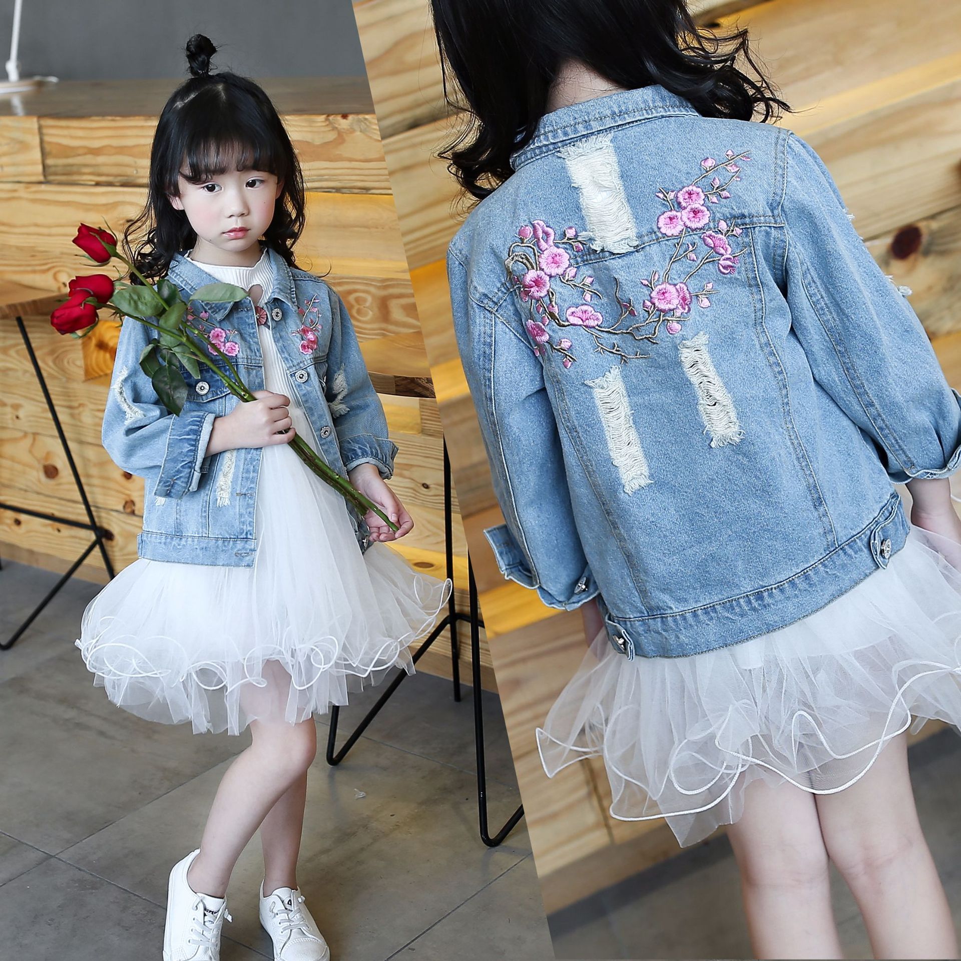 2019年新款春装儿童外套牛仔服牛仔上衣刺绣梅花桃花牛仔外套|ms