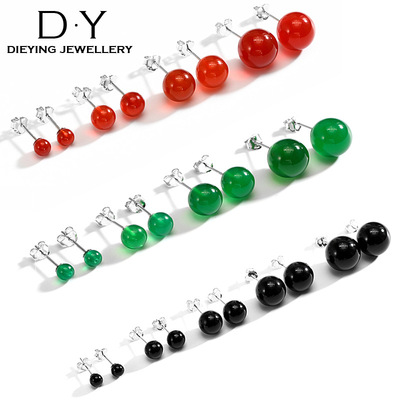 复古红色玛瑙耳钉女黑玛瑙玉石耳环简约百搭S925纯银耳饰防过敏|ms