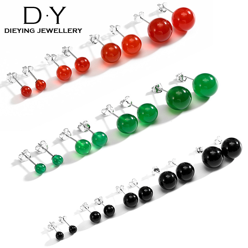 复古红色玛瑙耳钉女黑玛瑙玉石耳环简约百搭S925纯银耳饰防过敏|ms