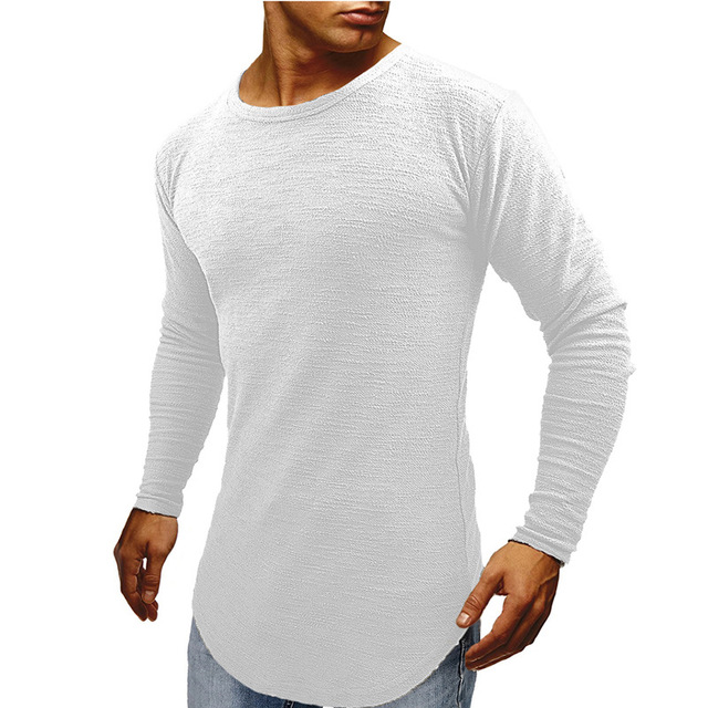 Men’s slim long sleeve top round neck arc hem long sleeve T-shirt