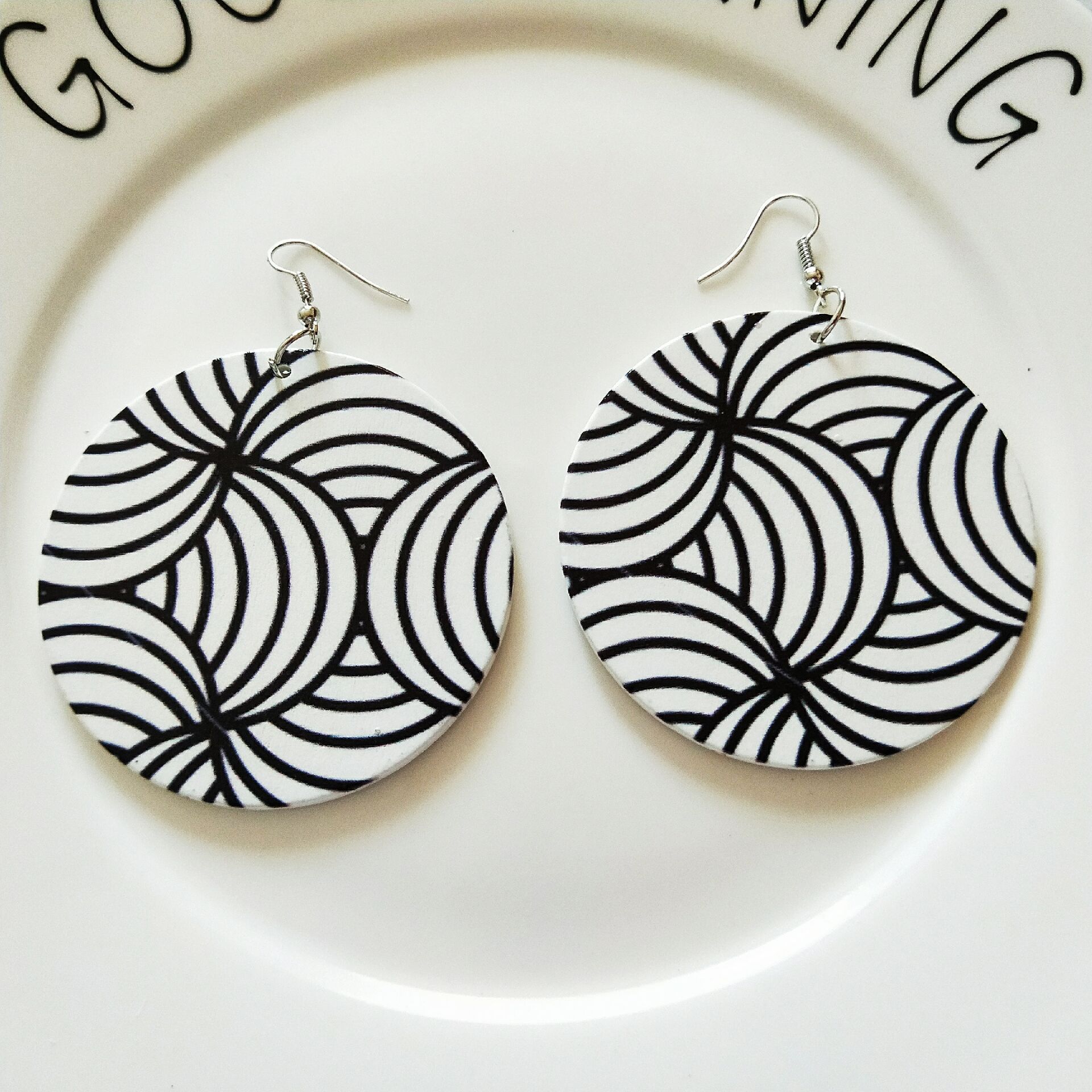 Retro Black And White Stripe Wooden Earrings display picture 4