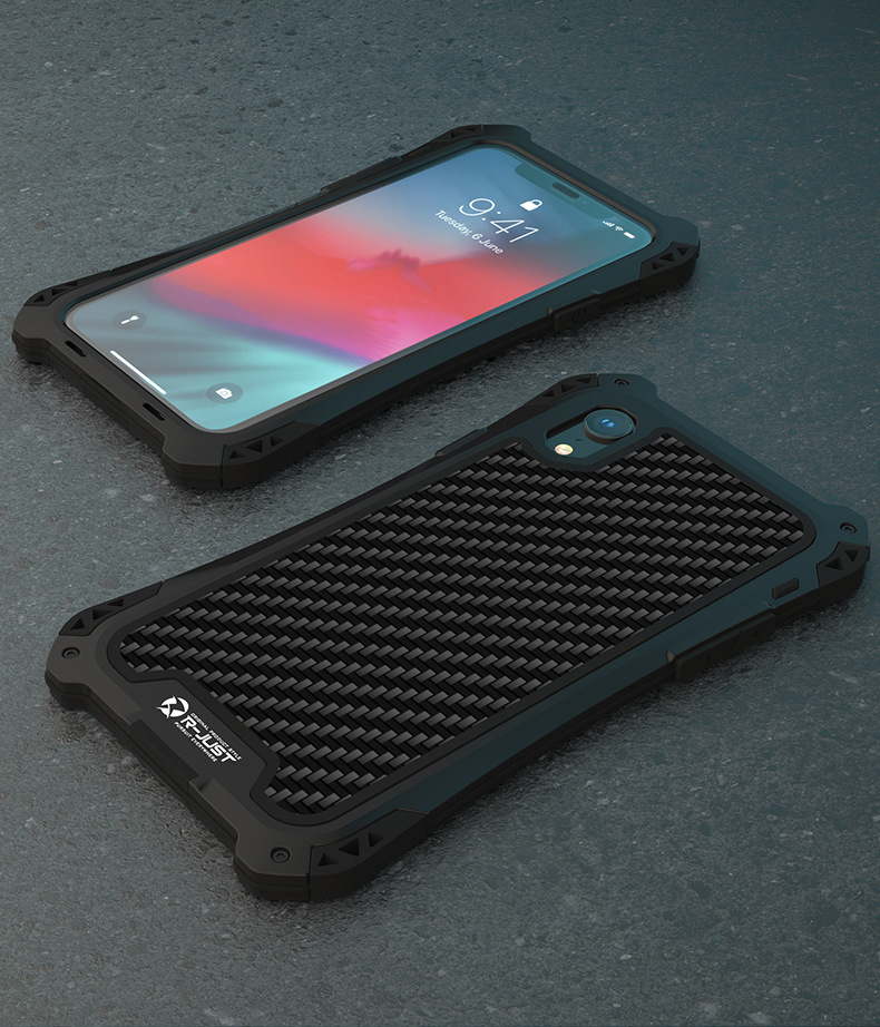 R-Just Amira Heavy Duty Dirtproof Shockproof Rainproof Aluminum Metal Bumper Carbon Fiber Back Cover Case for Apple iPhone XS Max & iPhone XR & iPhone XS