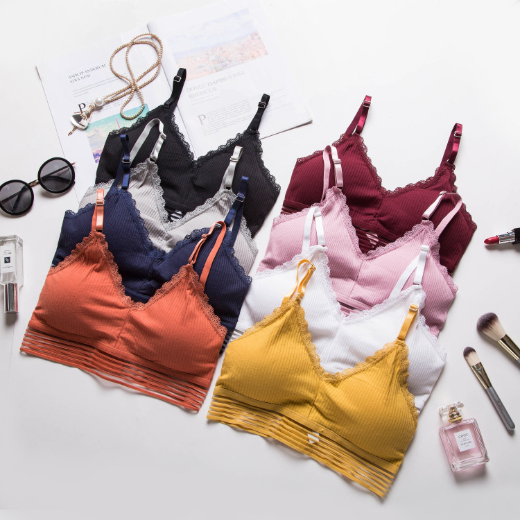 新款棉螺纹裹胸无钢圈抹胸 V领可调节美背吊带背心带勾扣文胸|ms