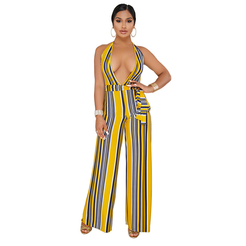 V-Neck Halter Striped Jumpsuit NSXYZ81584