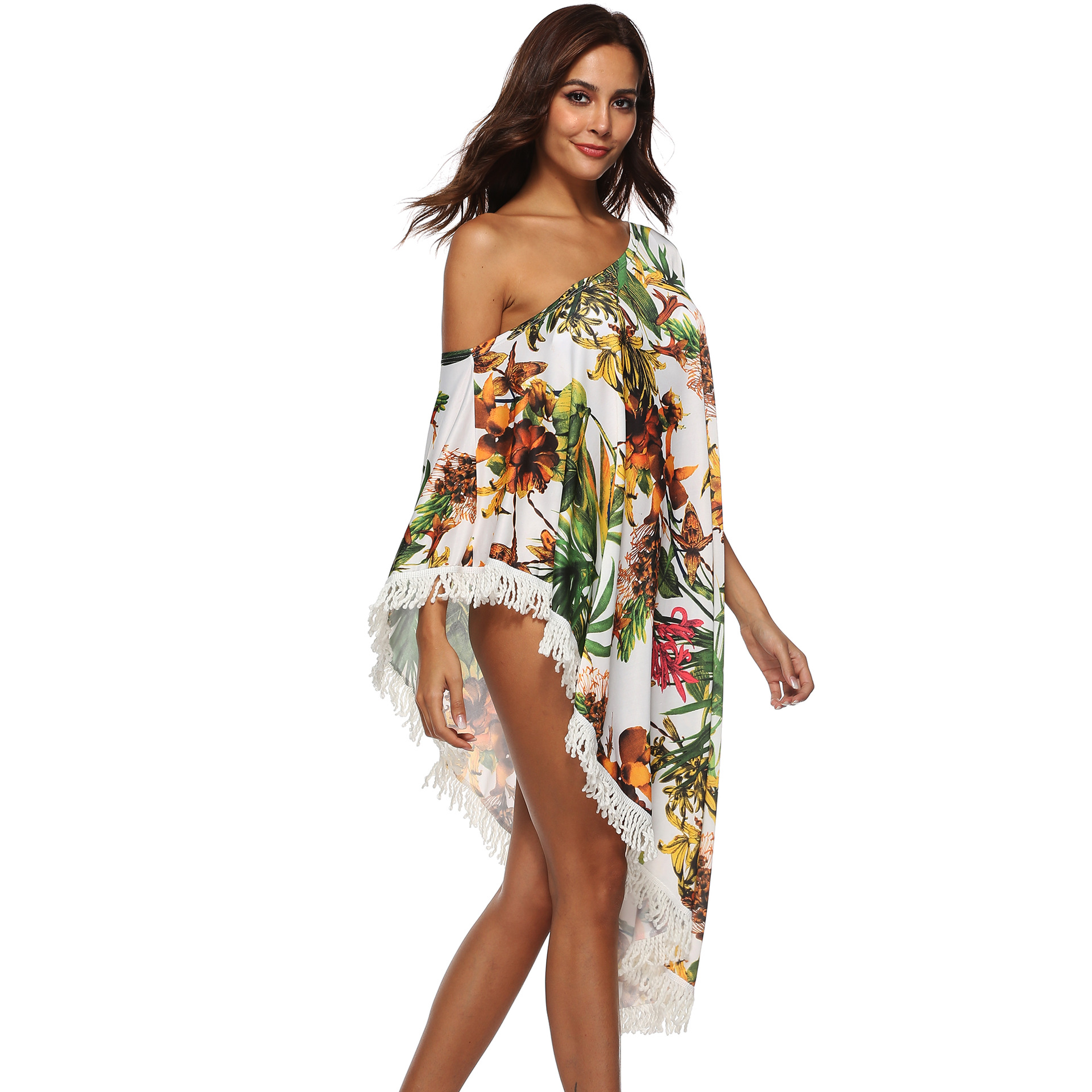Floral Print Off Shoulder Maxi Dress Tassel Detail Irregular Hem Sun Protection Summer Casual Wear Wholesale
