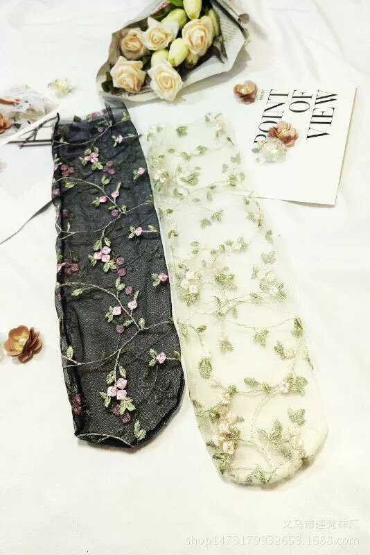 Embroidered Floral Mesh Socks, Spring–Summer Sheer Gauze, One Size (Black/White)