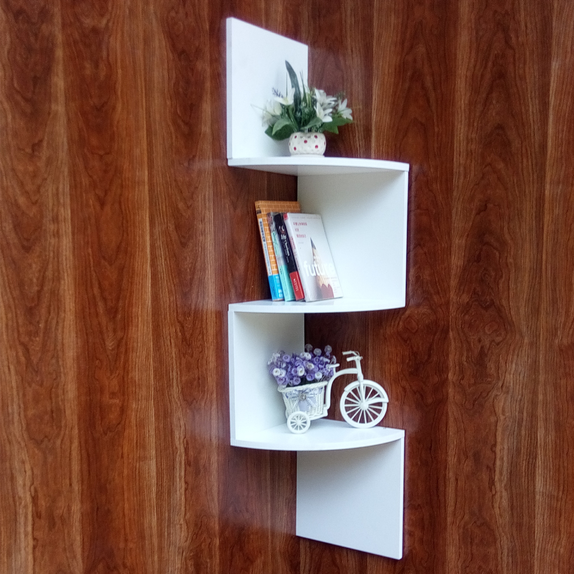 厂家批发墙上书架多层置物架白色PVC木塑板创意转角隔板壁挂