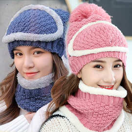新款毛线帽围脖口罩三件套加绒女冬季针织加厚保暖韩版护耳帽秋冬