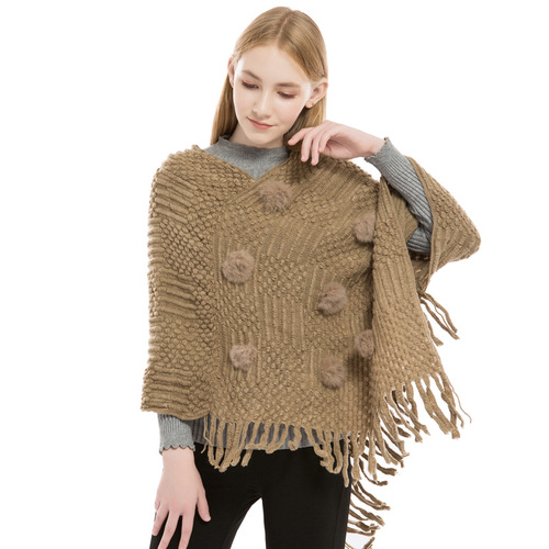 Autumn and winter new European and American rabbit fur ball knitwear manufacturer wholesale imitation cashmere warm large size women's cloak shawl
