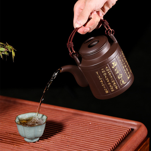 Purple clay pot manufacturer directly supplies Yixing raw ore purple clay barrel handle pot fully handmade teapot tea set one piece drop shipping